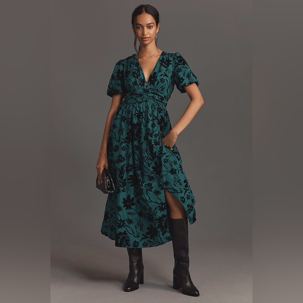 The Katerina Button-Front Dress: Velvet Burnout Edition in Dark Green Size XS.